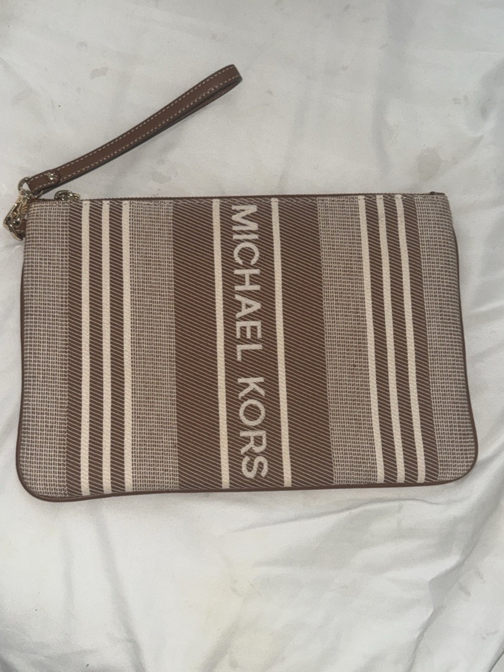 Michael Kors Brown and Cream Striped Wristlet Pouch